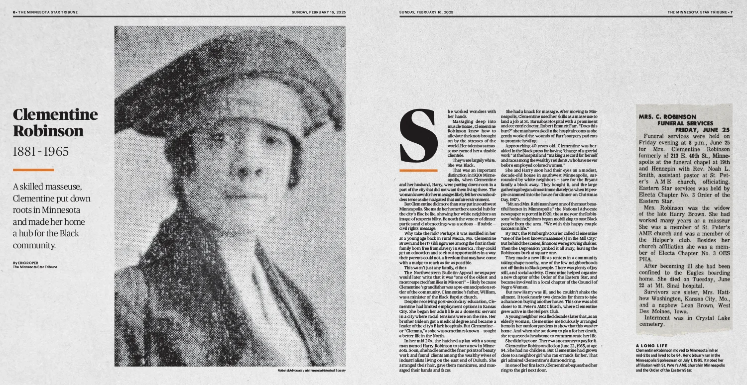 A newspaper spread showing an obituary for Clementine Robinson