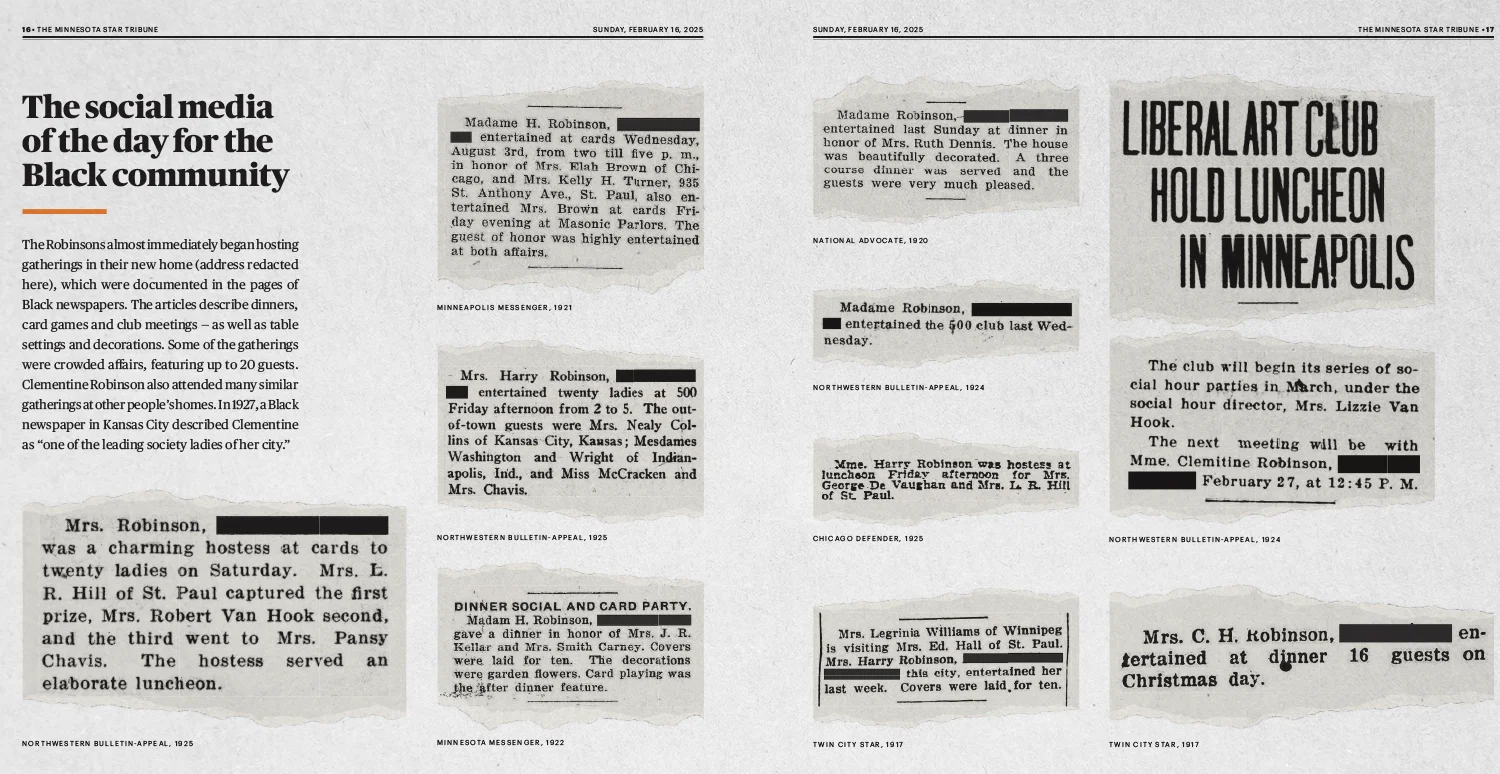 A newspaper spread showing many historical page tears