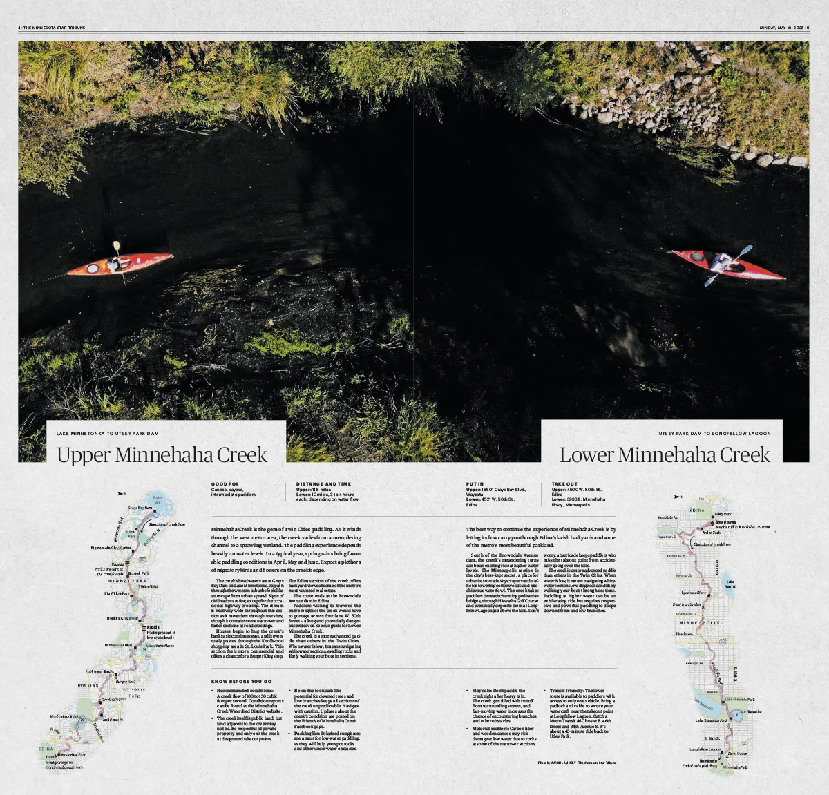 A newspaper spread showing a photo of kayakers and two maps